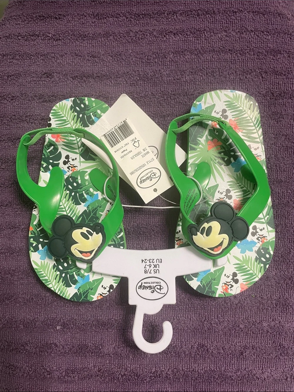 Disney Green and White Mickey Mouse Tropical Print Kids Flip-Flops